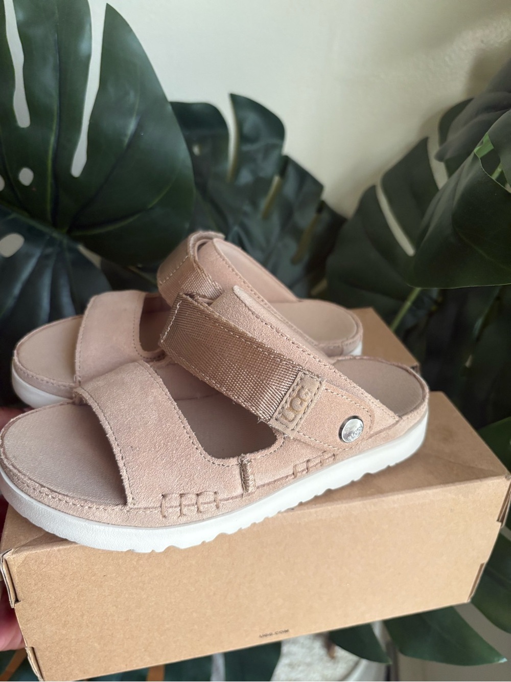 UGG Kids Tan Suede Dual-Strap Slide Sandals